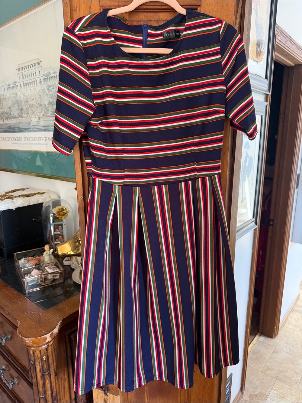 Women’s Navy Striped Fit-and-Flare Dress with Multicolor Bands